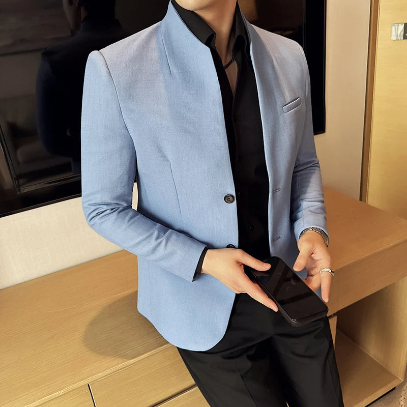 Waffle Stand-Collar Slim Suit Jacket