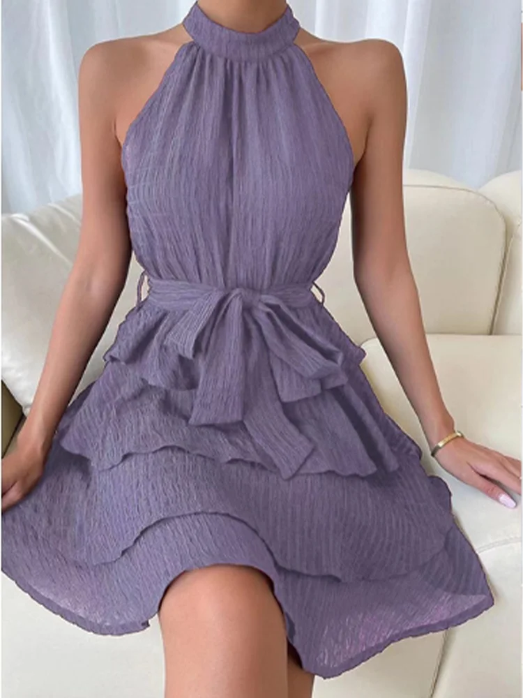 Stylish Sleeveless Shoulder Multi-Layered Ruffle Dress
