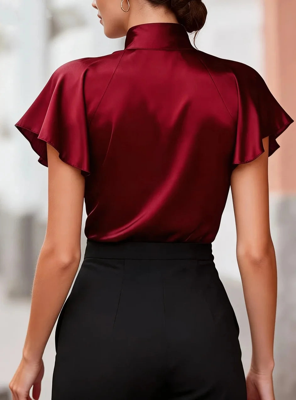 Satin Solid Button Front Regular Fit Blouse