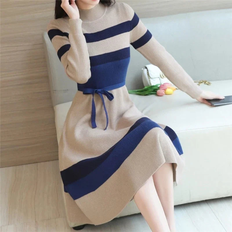 Autumn Winter Elegant Striped Sweater Dress