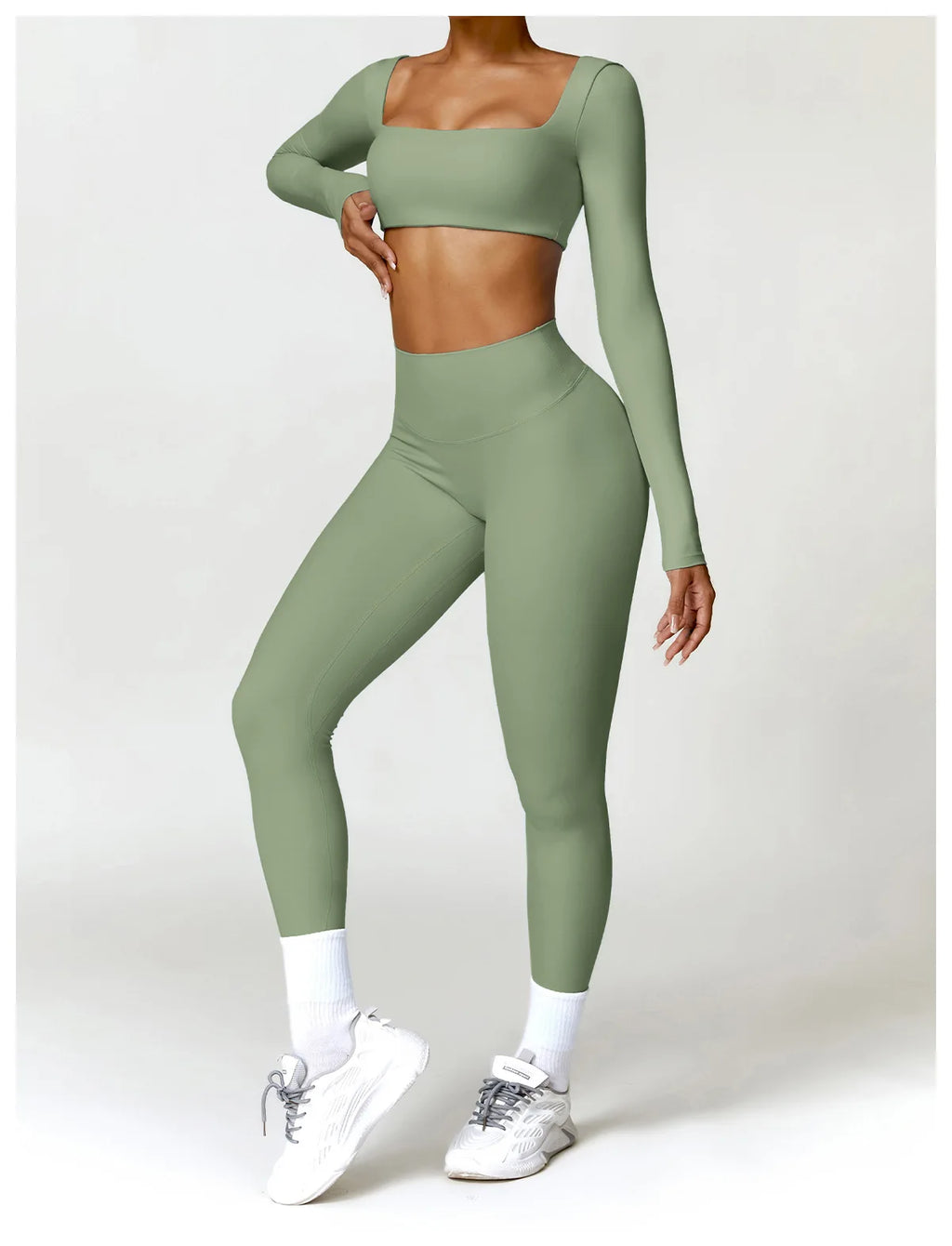 Nylon Solid Long Sleeve Two-Piece Yoga Set