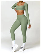 Nylon Solid Long Sleeve Two-Piece Yoga Set