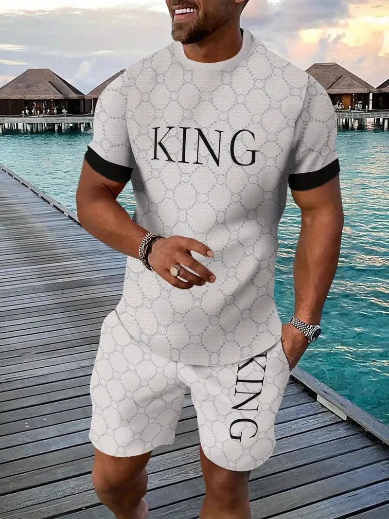 Letter Print Elastic Waist Shorts Set