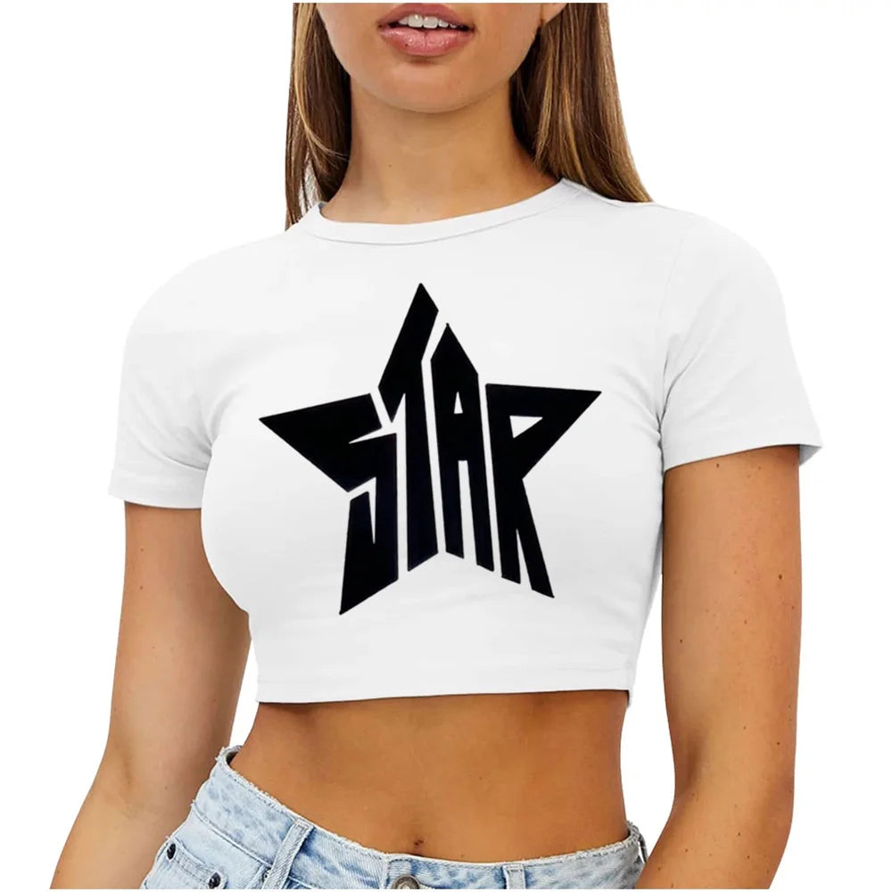 Broadcloth Graphic Print Crew Neck Crop Top