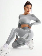 Polyester Striped Three-Quarter Sleeve Two-Piece Yoga Set