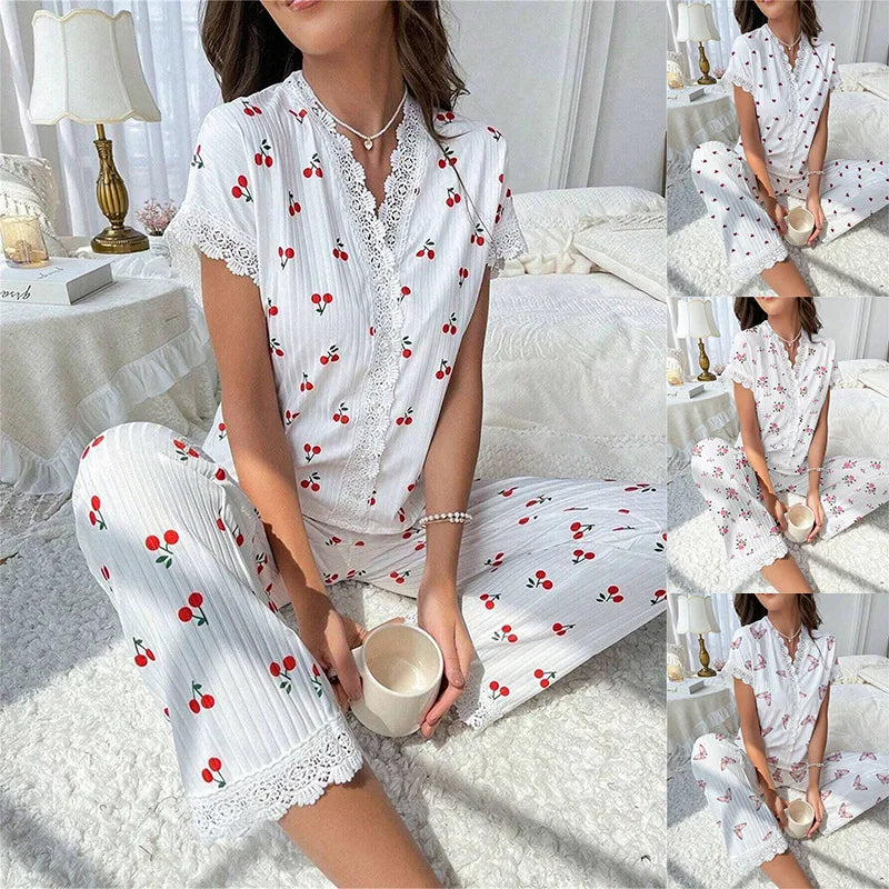 Casual V-Neck Print Pajama Set