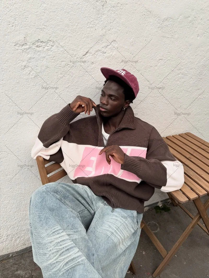 Spliced Letter Embroidery Zipper Cardigan