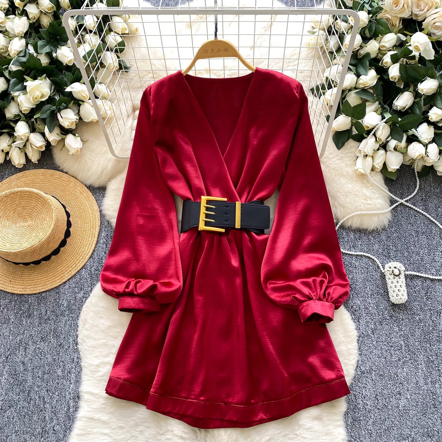 Satin V-Neck Ruched Mini Dress
