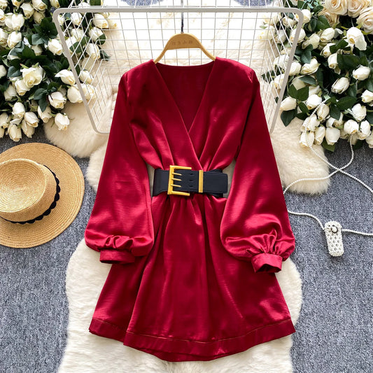 Satin V-Neck Ruched Mini Dress
