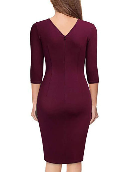 V-Neck Pleated Bodycon Dress