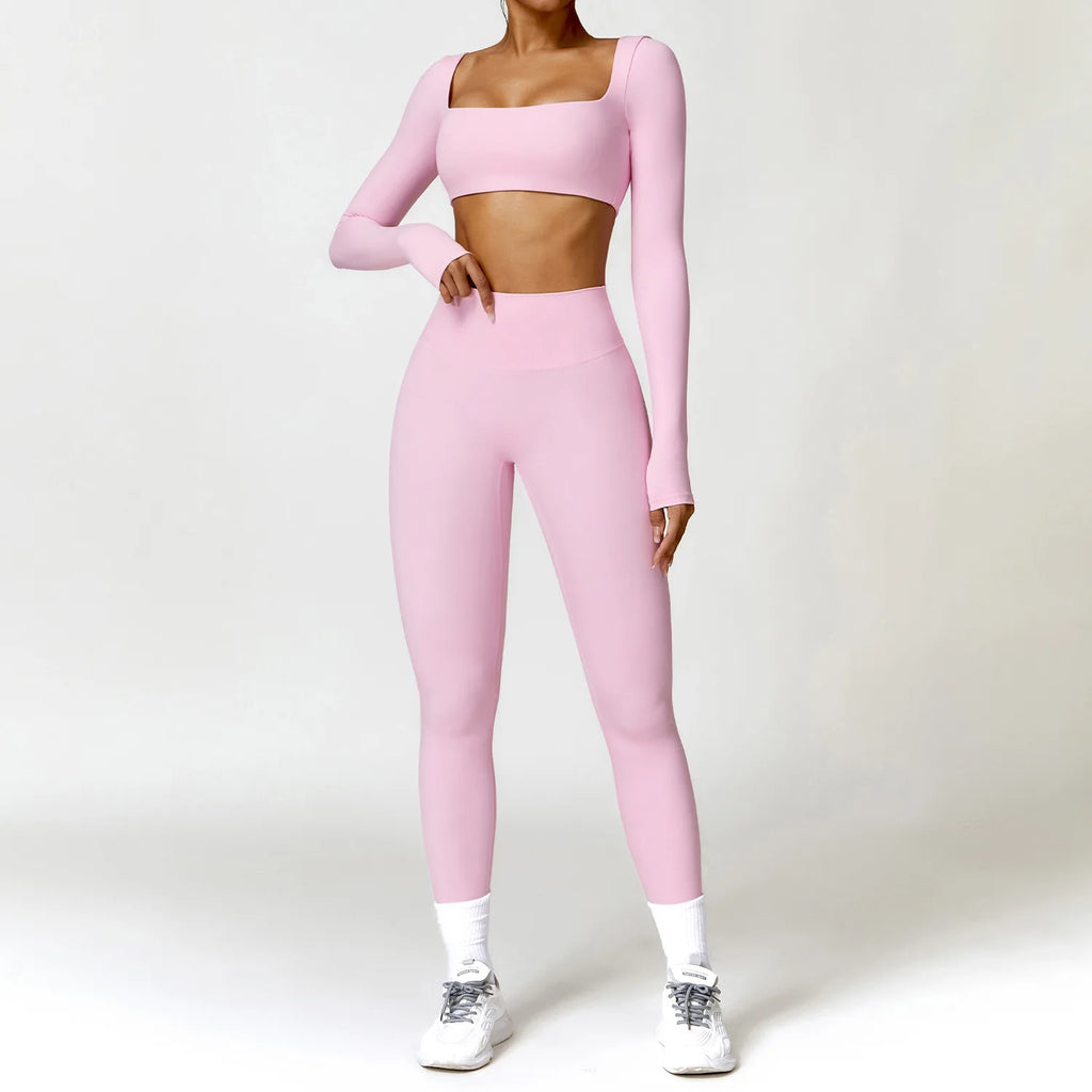 Nylon Solid Long Sleeve Two-Piece Yoga Set