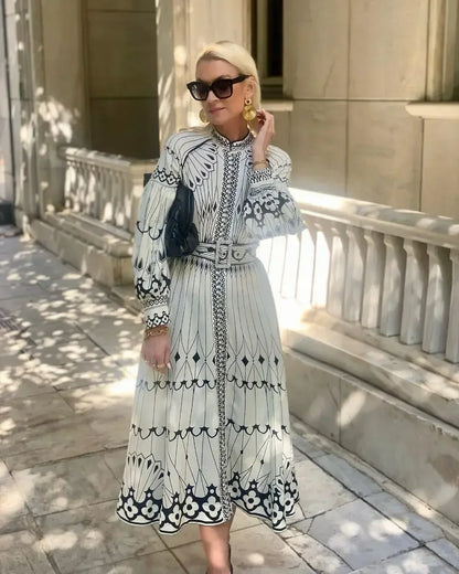 Retro Belted Long Sleeve A-Line Dress