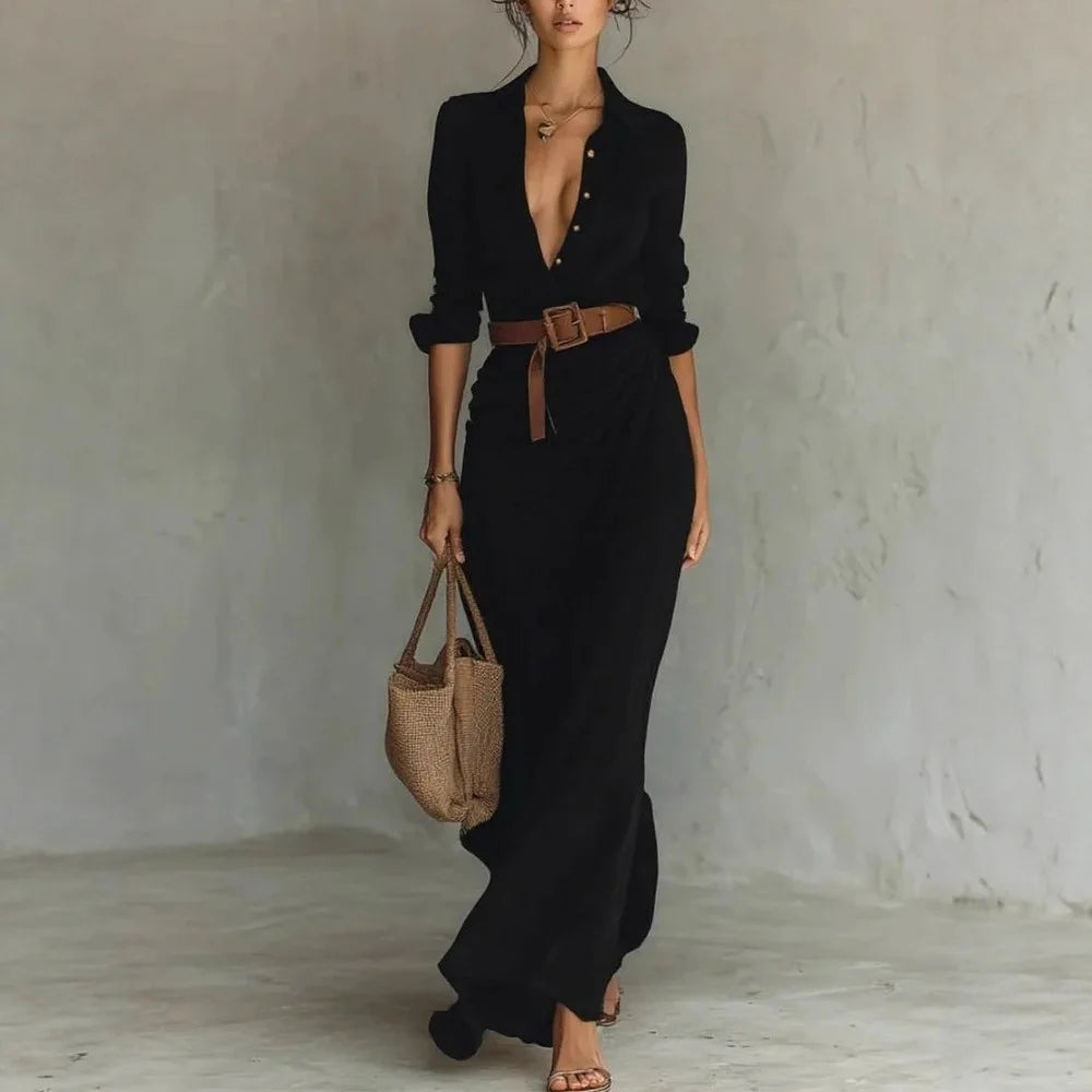 Deep V-Neck Belted Long Dress