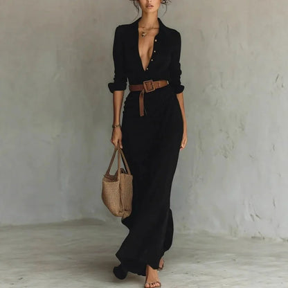 Deep V-Neck Belted Long Dress