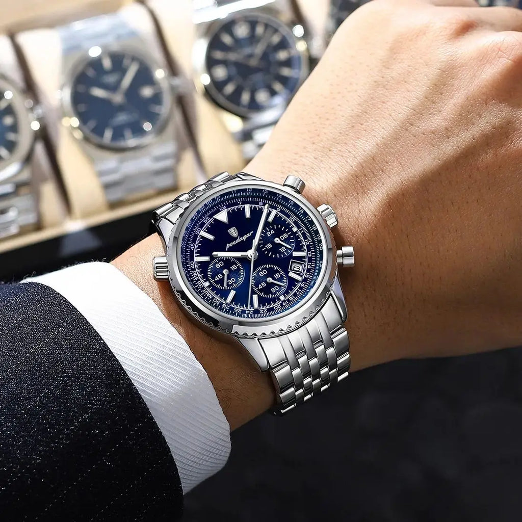 POEDAGAR Business Blue Steel Watch