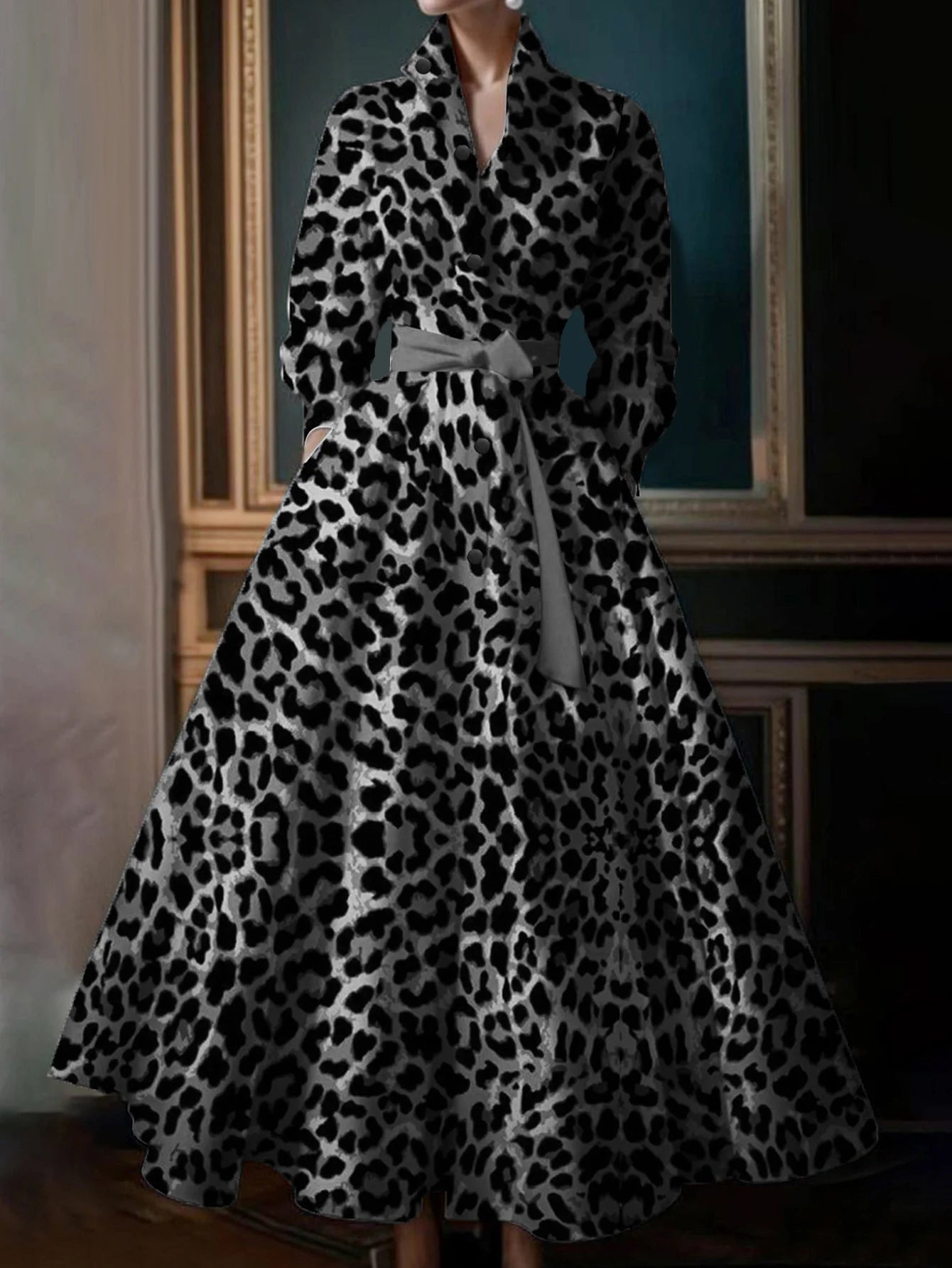 Boho Leopard Print Maxi Shirt Dress