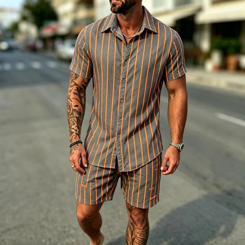 Striped Printed Shirt Shorts Set