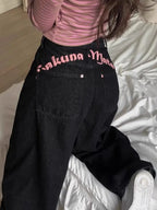 Flikii Letter-Embroidery Baggy Jeans