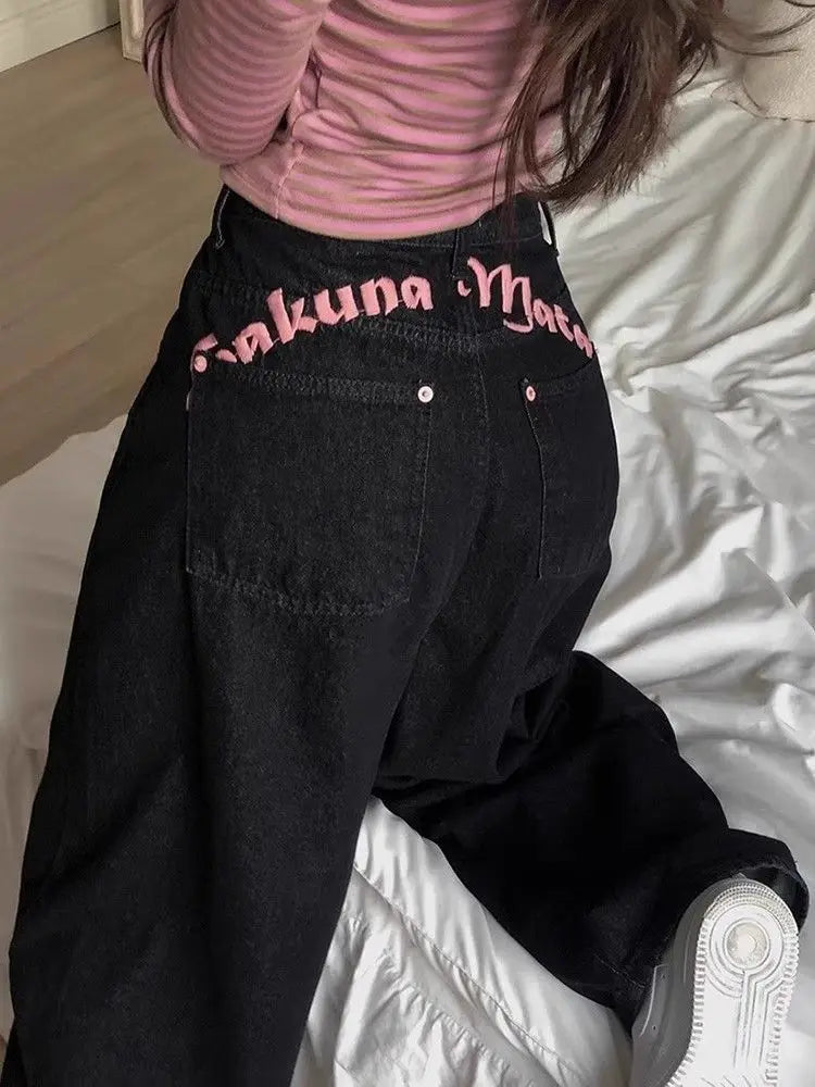 Flikii Letter-Embroidery Baggy Jeans