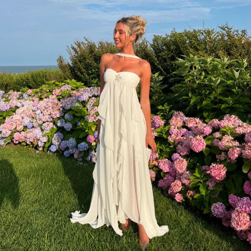 High-Slit Ruffled Halter Dress
