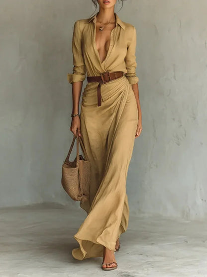 Deep V-Neck Belted Long Dress