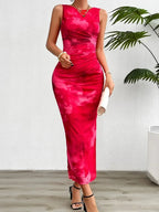 Printed Round-Neck Split-Hem Dress