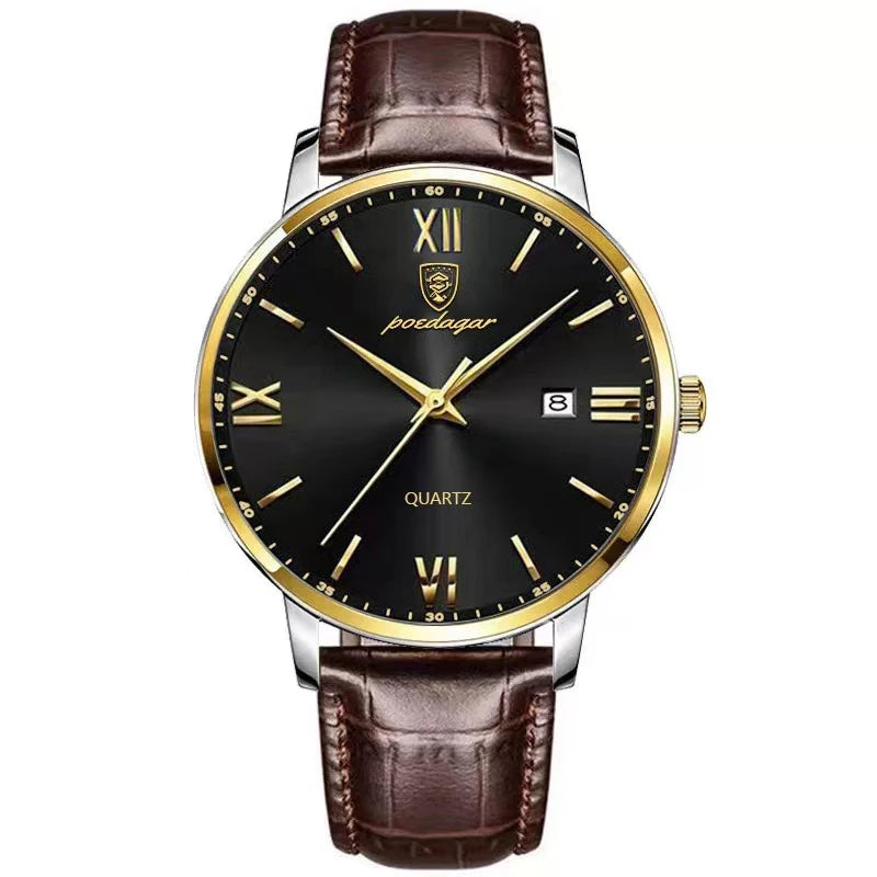 POEDAGAR Gold Leather Quartz Watch