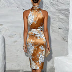 Floral Satin Halter Bodycon Dress