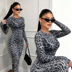 Sheer Leopard Print Long-Sleeve Dress