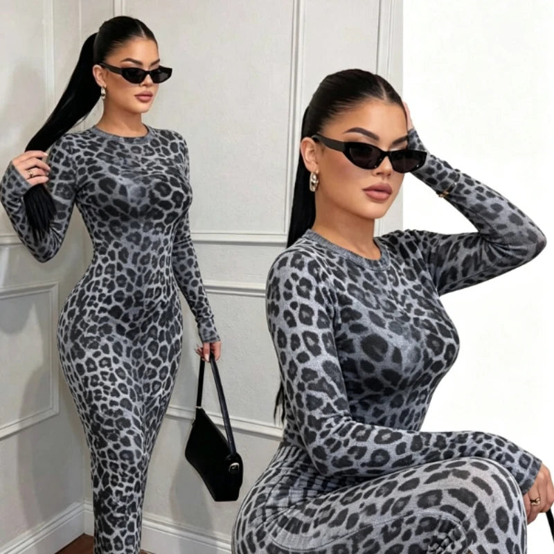 Sheer Leopard Print Long-Sleeve Dress
