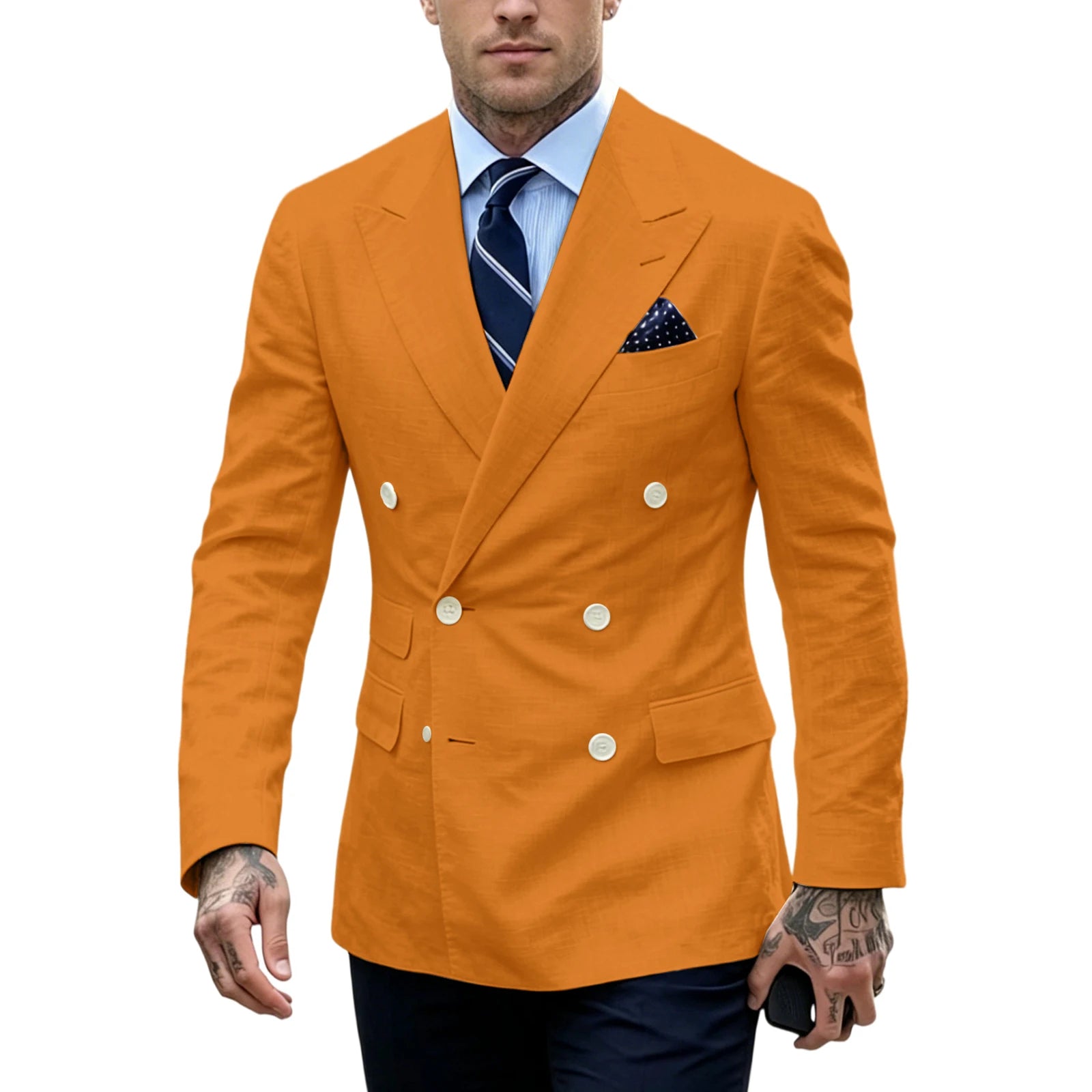 Linen Double-Breasted Slim Tuxedo Blazer