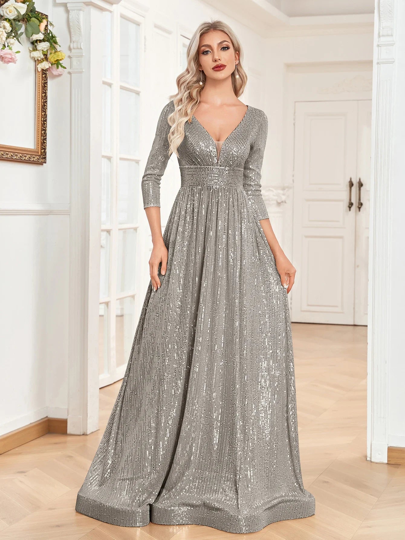 Long Sleeves Blue Sequins Formal Evening Dress