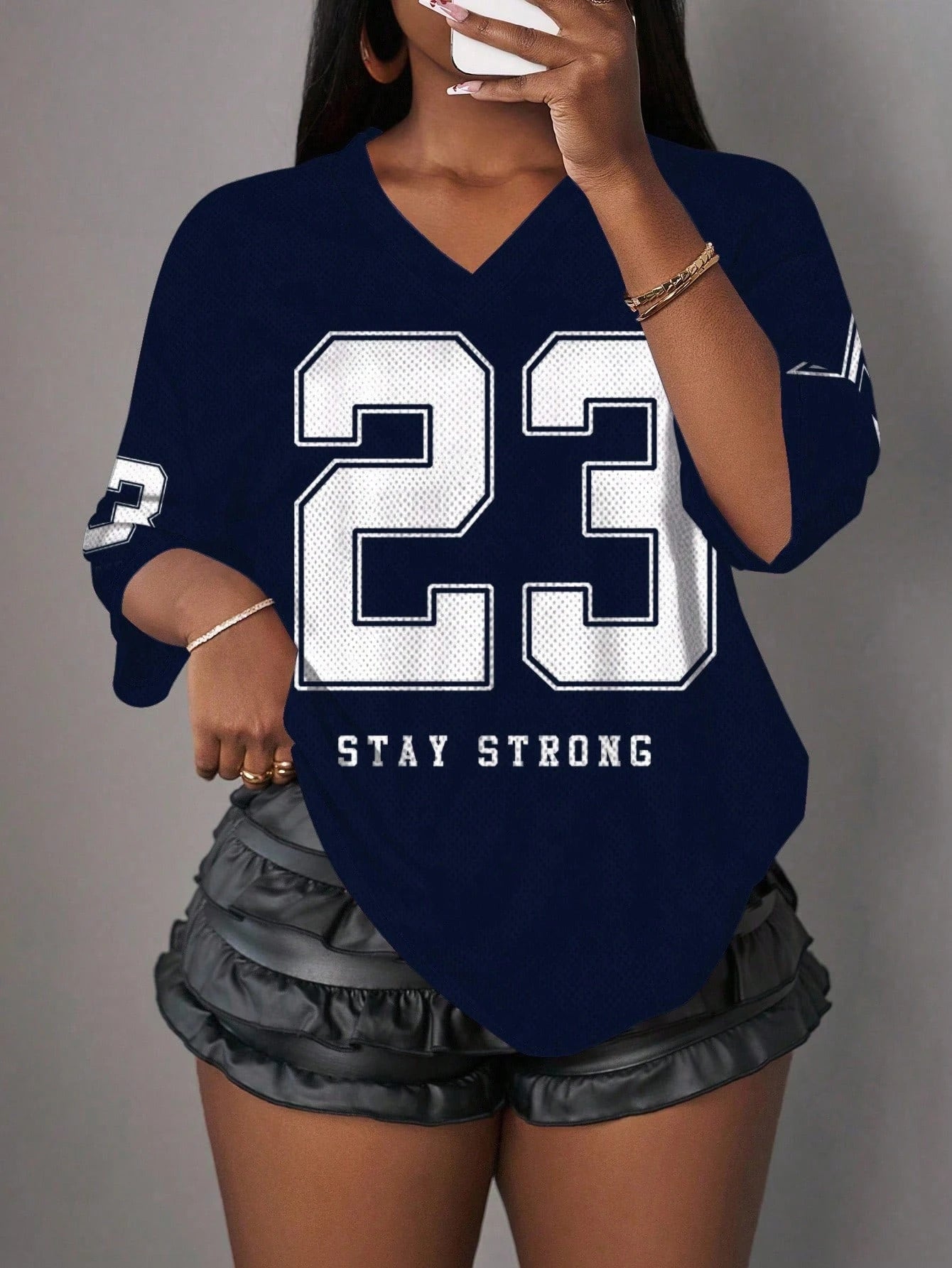Blended Letter Print V-Neck True-To-Size Fit T-Shirt