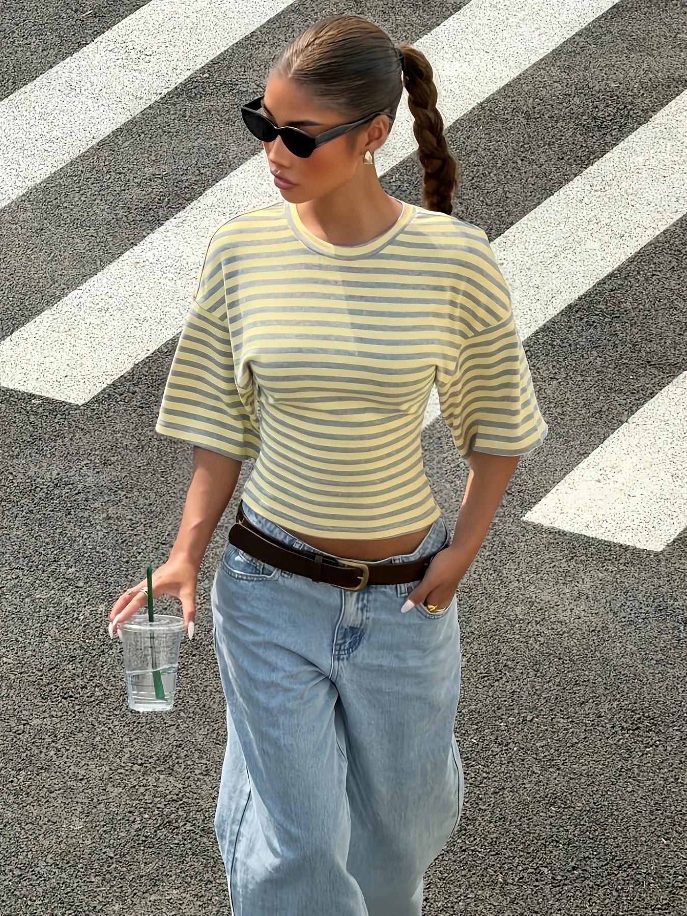 Polyester Striped Short Sleeve Top
