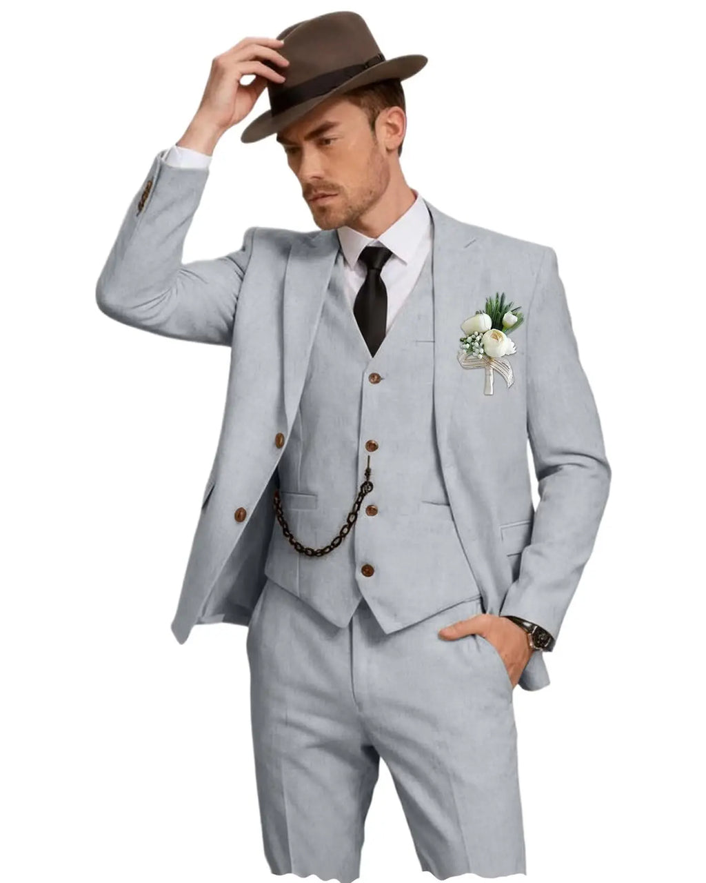 Three-Piece Linen Notch-Lapel Suit