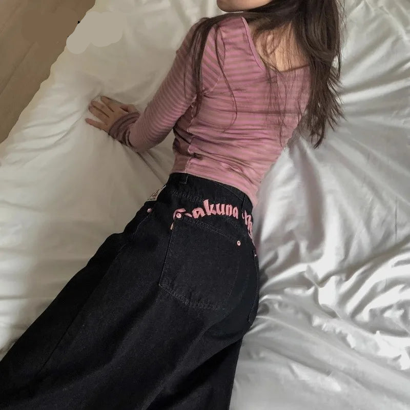 Flikii Letter-Embroidery Baggy Jeans