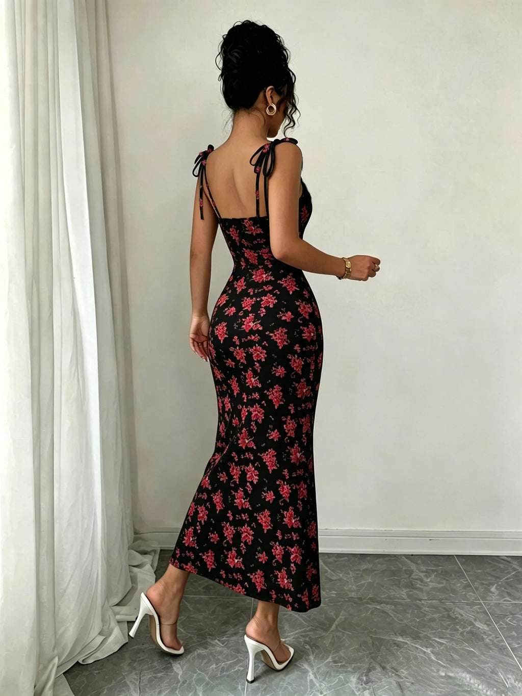 Tie-Strap Floral Fishtail Dress