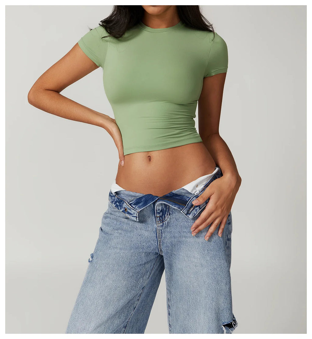 Nylon Short Sleeve True-To-Size Fit Crop Top