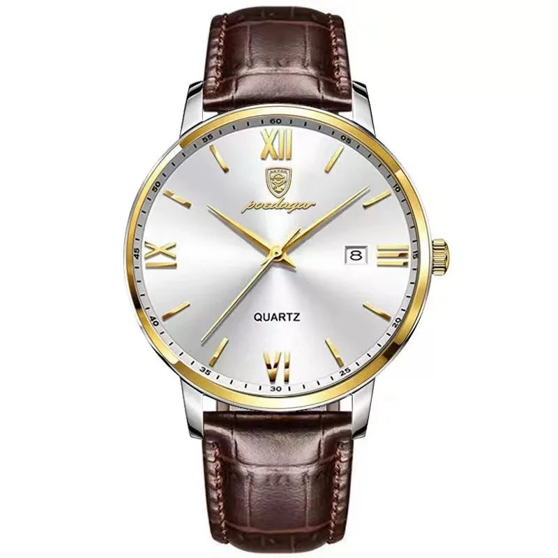 POEDAGAR Gold Leather Quartz Watch