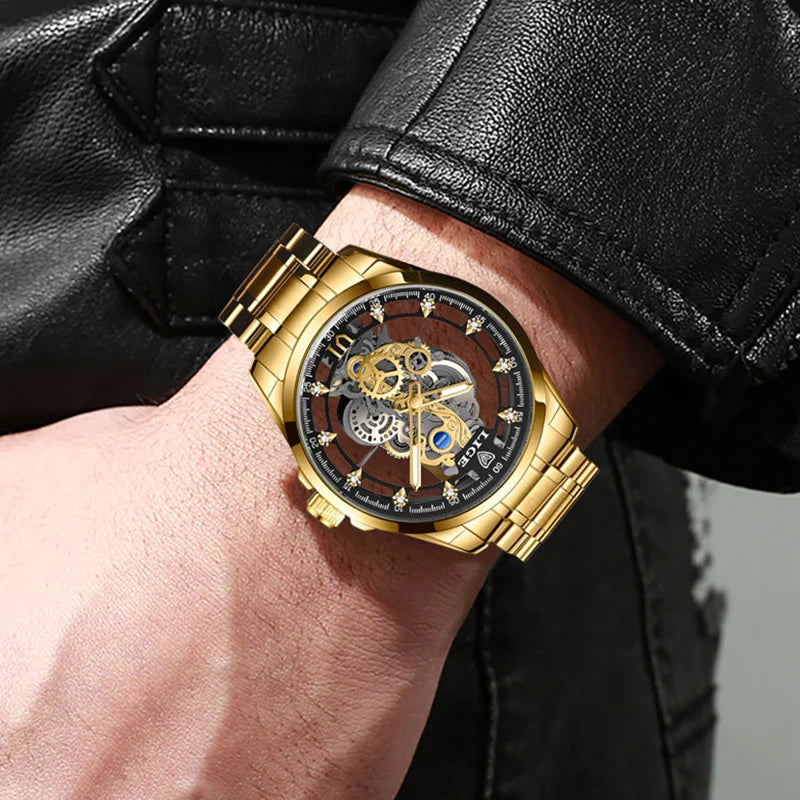 LIGE Gold Skeleton Vintage Watch