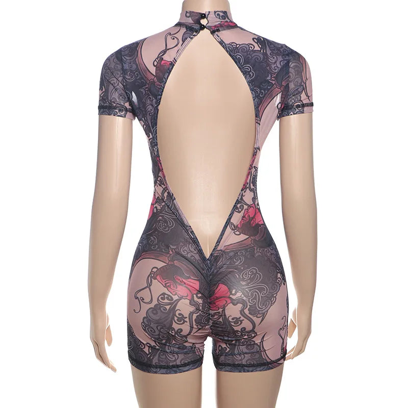 Sheer Mesh Backless Romper
