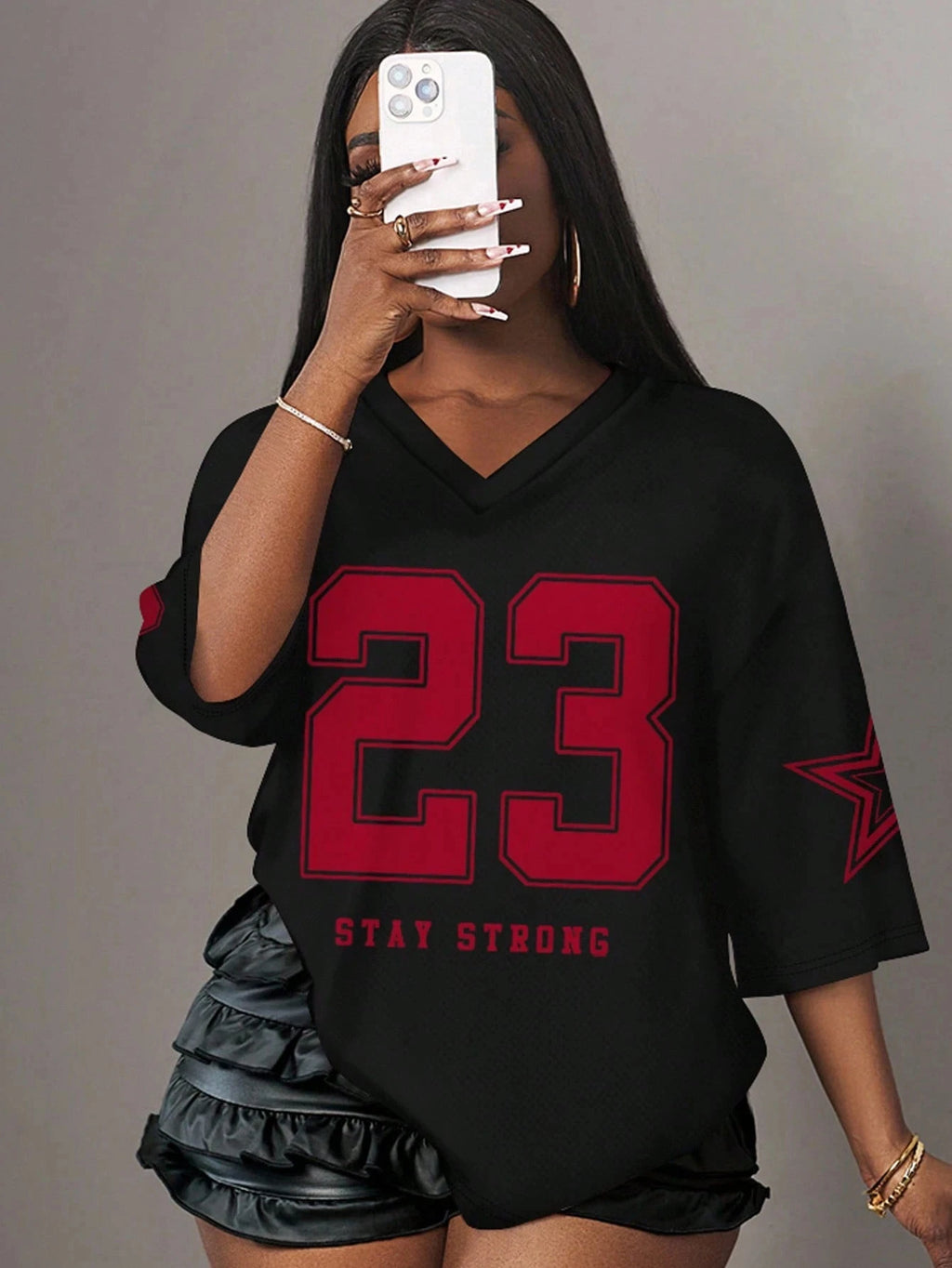 Blended Letter Print V-Neck True-To-Size Fit T-Shirt