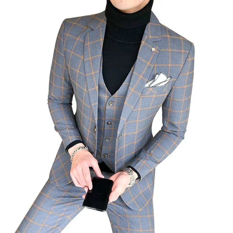 Boutique Plaid Three-Piece Business Suit
