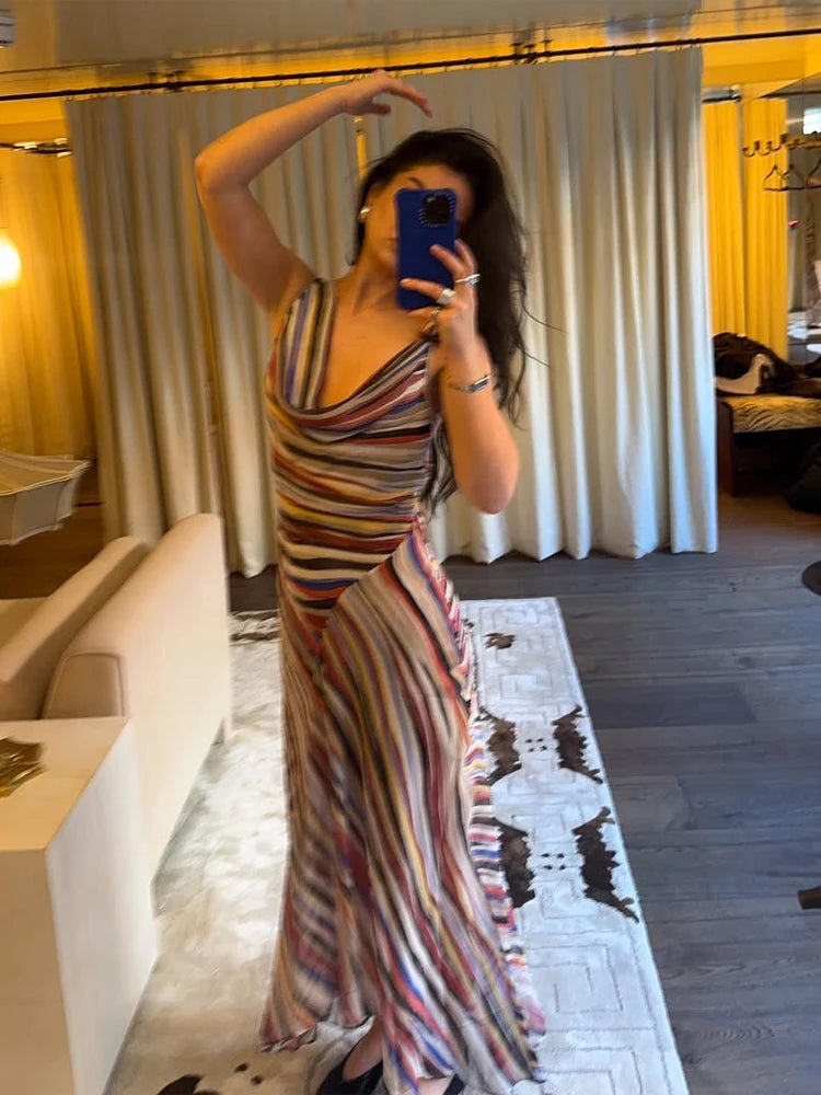 Striped Spaghetti-Strap V-Neck Dress