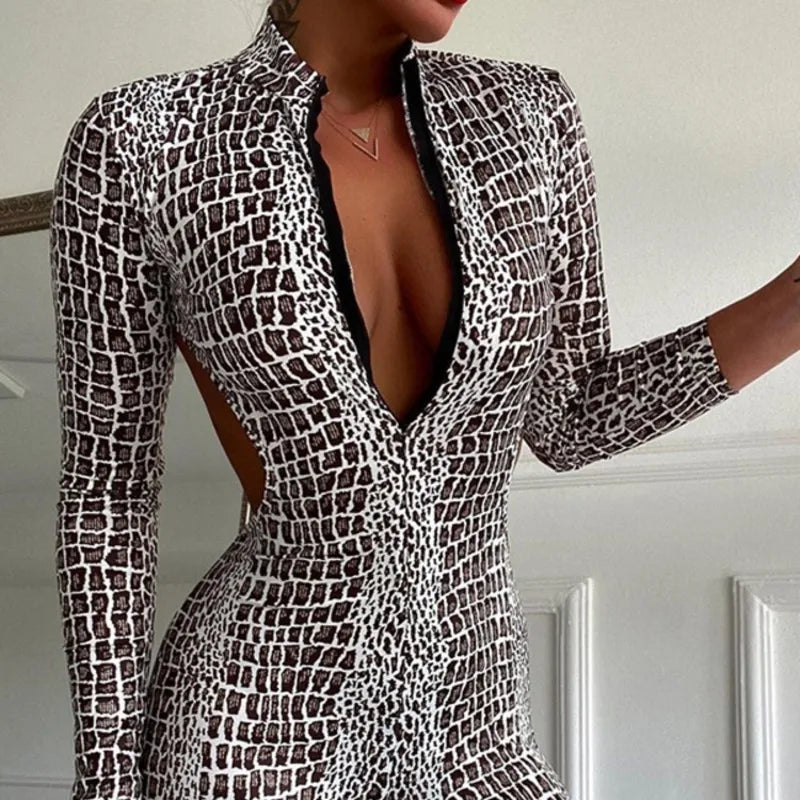 Silver Snakeskin Backless Sporty Jumpsuit