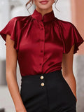 Satin Solid Button Front Regular Fit Blouse