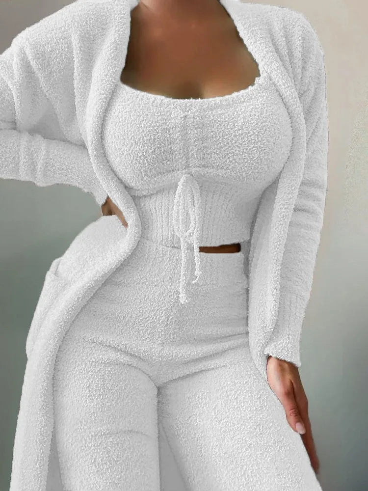 Women’s Plush Lace-Up Cardigan 3-Piece Trouser Set