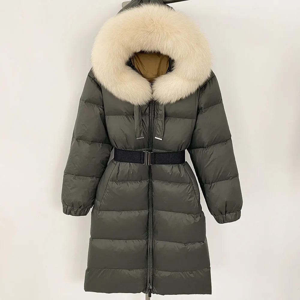 Women’s White Duck Down Puffer Coat with Real Fur Hood