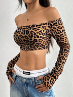 Synthetic Leopard Print Long Sleeve Crop Top