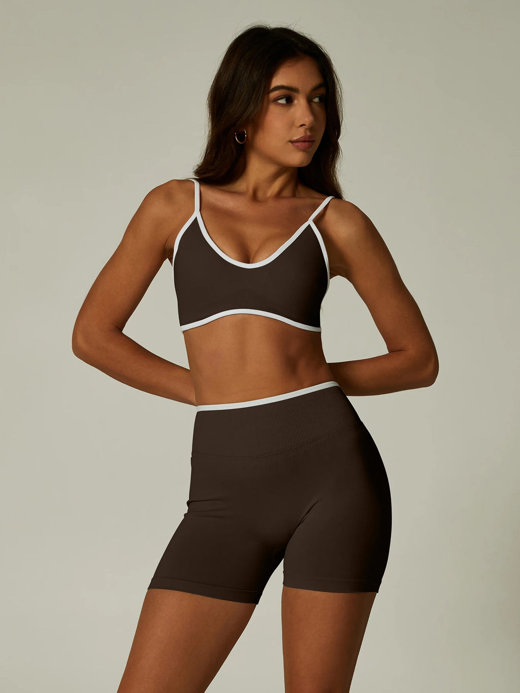 Nylon Solid Elastic Waist Two-Piece Yoga Set